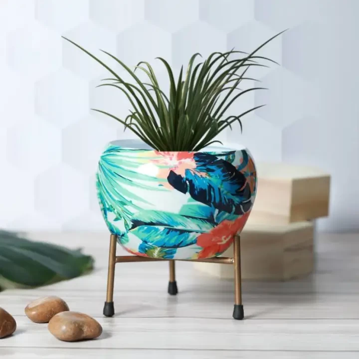 Floral Paradise Design Metal Pot With Metal Stand For Plants, Flower, Balcony, Living Room, Bedroom Decor - (Size 6 Inches, Pack of 1)